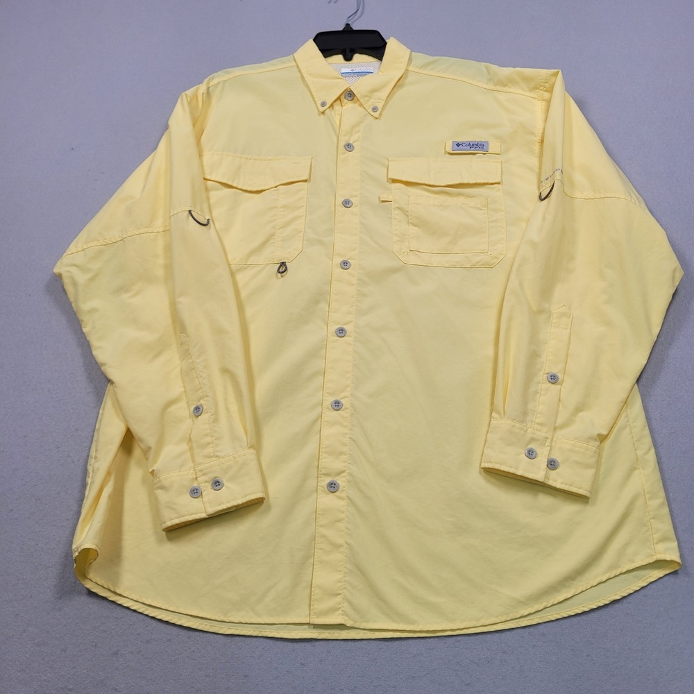 Columbia PFG Bahama II Long Sleeve Fishing Shirt Yellow Mens Large UPF 30 Vented